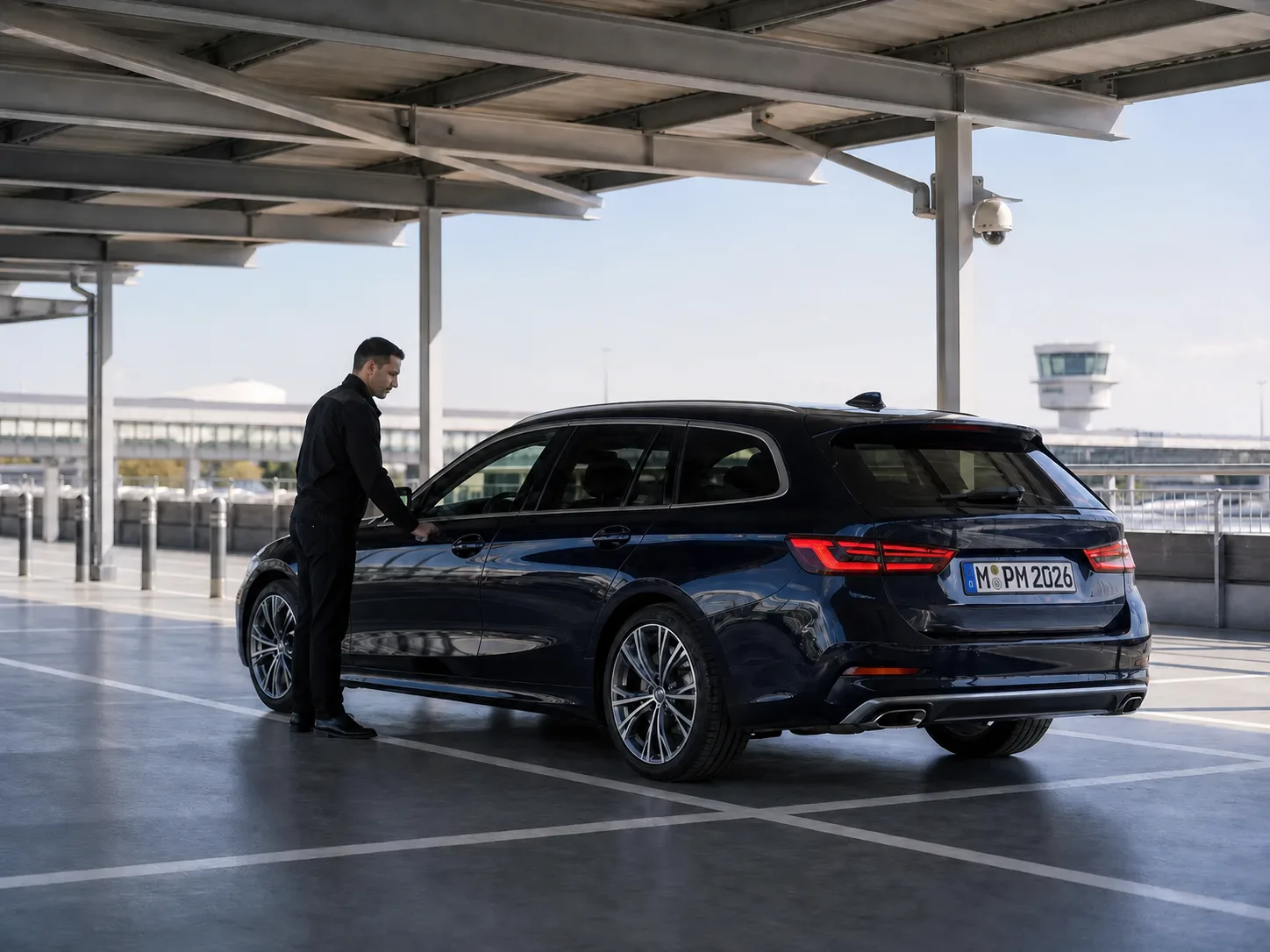 Parkmeister-Mitarbeiter parkt ein Fahrzeug auf einem gesicherten Parkplatz
